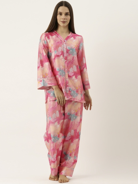 

Bannos Swagger Women Pink Abstract Printed Satin Night Suit