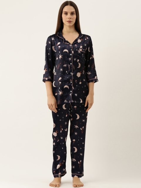 

Bannos Swagger Women Navy Blue & Beige Printed Satin Night suit