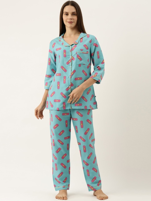 

Bannos Swagger Women Blue & Fuchsia Graphic Printed Night Suit