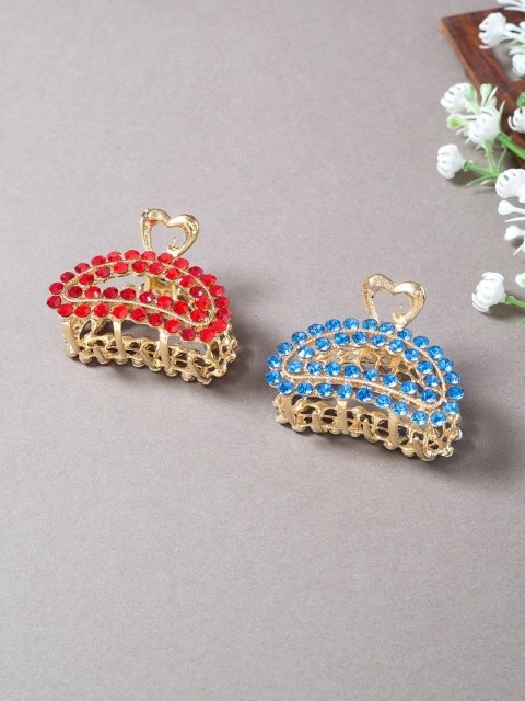 

Golden Peacock Women Set of 2 Red & Blue Embellished Claw Clips, Gold