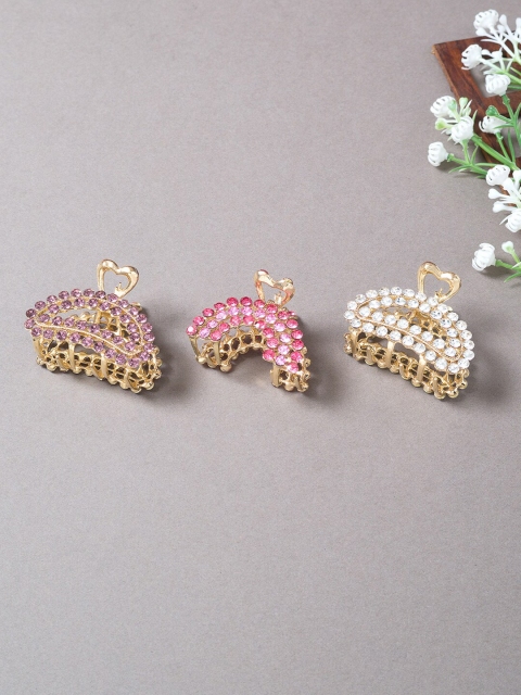 

Golden Peacock Women Gold-Toned & Pink Set of 3 Embellished Claw Clip