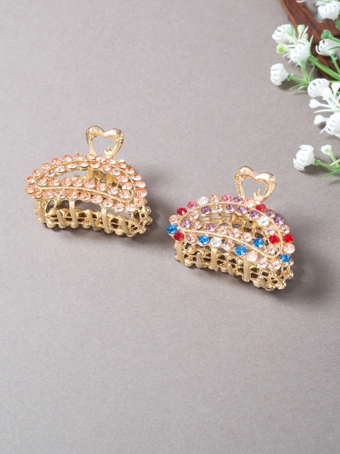 

Golden Peacock Women Set Of 2 Gold-Toned & Red Embellished Claw Clip