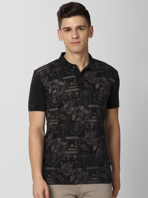 

Peter England Casuals Men Black & Pink Printed Polo Collar Pure Cotton Slim Fit T-shirt