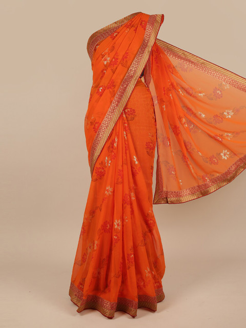 

Pothys Orange & Gold-Toned Floral Zari Saree