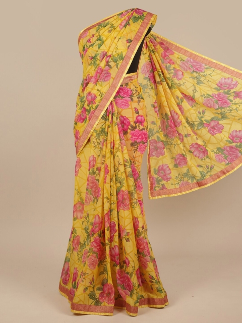 

Pothys Yellow & Fuchsia Floral Zari Saree