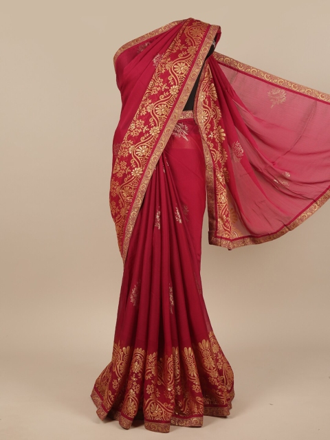 

Pothys Maroon & Gold-Toned Floral Poly Chiffon Saree