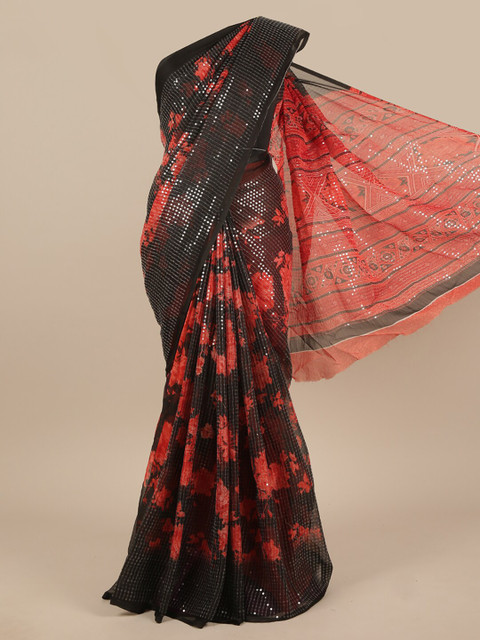 

Pothys Black & Red Floral Sequinned Saree