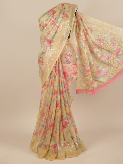 

Pothys Cream-Coloured & Pink Floral Sequinned Saree