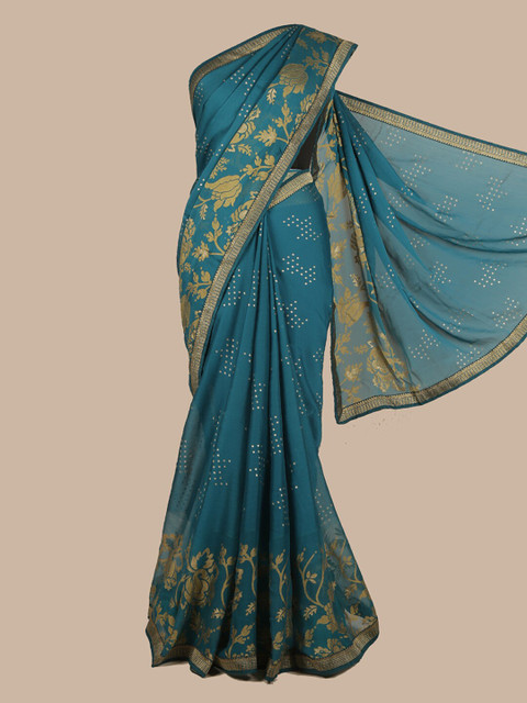 

Pothys Blue & Gold-Toned Floral Zari Saree