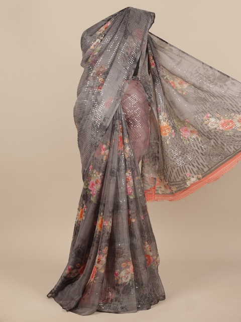 

Pothys Grey & Orange Floral Sequinned Saree