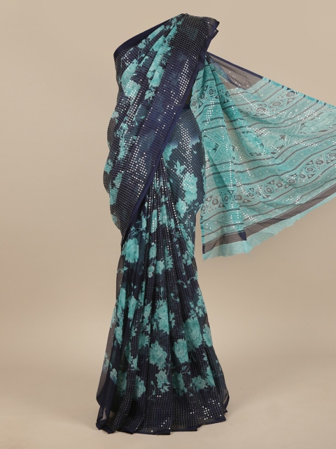 

Pothys Navy Blue & Sea Green Floral Sequinned Saree