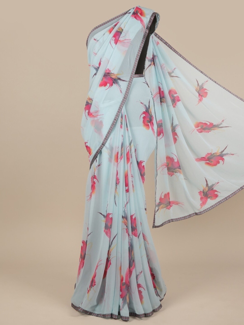 

Pothys Turquoise Blue & Pink Floral Poly Chiffon Saree