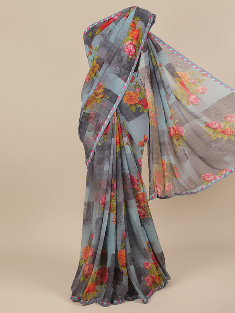 

Pothys Grey & Red Floral Poly Chiffon Saree