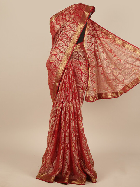 

Pothys Red & Gold-Toned Floral Zari Saree