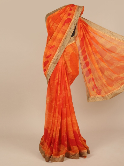 

Pothys Orange & Gold Printed Poly Chiffon Saree