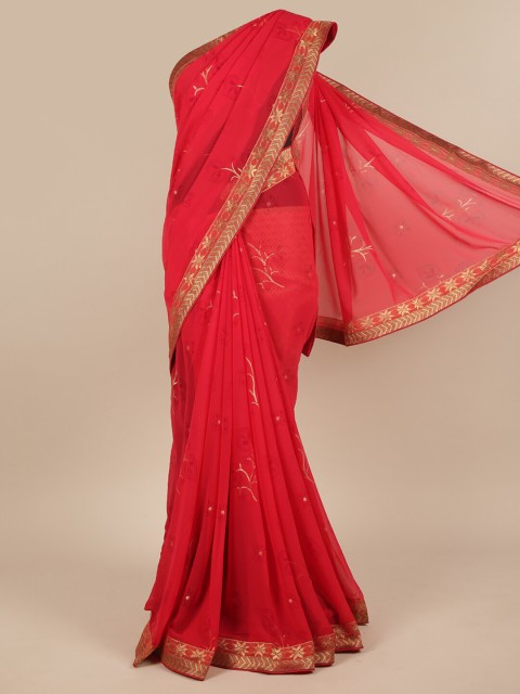 

Pothys Red & Gold-Toned Floral Zari Saree