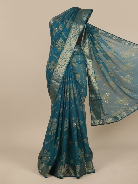 

Pothys Blue & Gold-Toned Floral Zari Saree