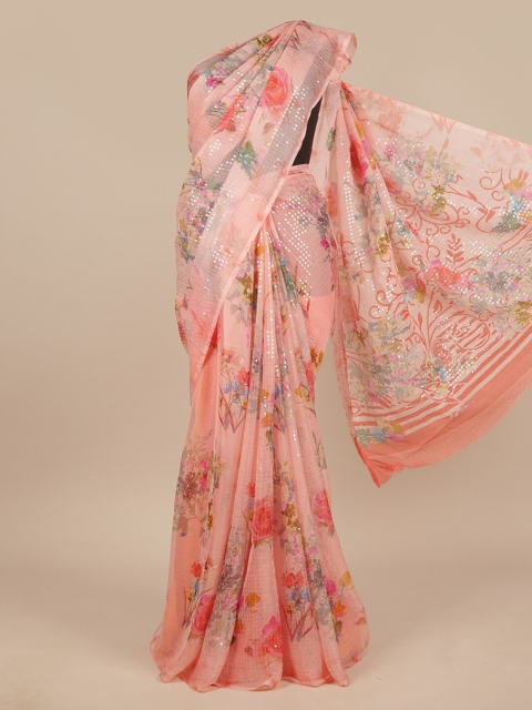 

Pothys Pink & Blue Floral Sequinned Saree
