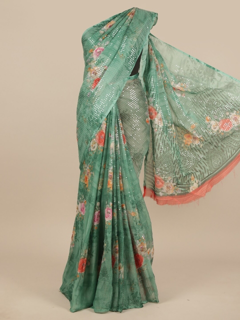 

Pothys Green & Pink Floral Sequinned Saree
