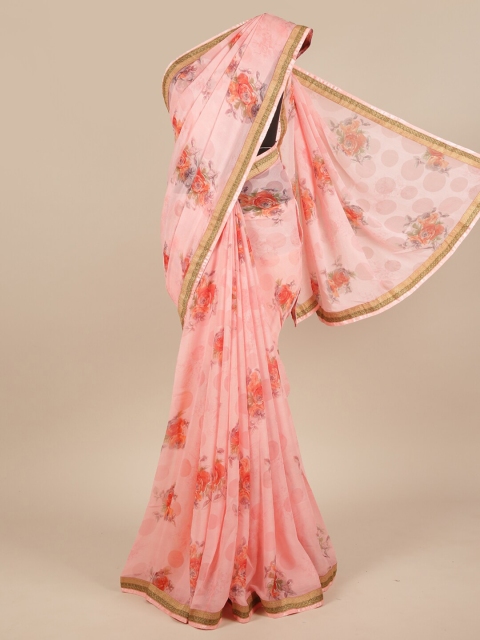 

Pothys Pink & Red Floral Poly Chiffon Saree