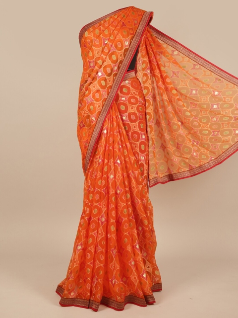 

Pothys Orange & Pink Woven Design Poly Chiffon Saree