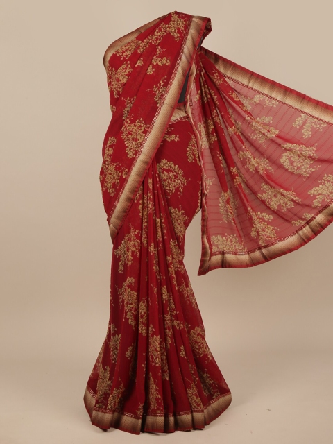 

Pothys Maroon & Tan Floral Poly Chiffon Saree