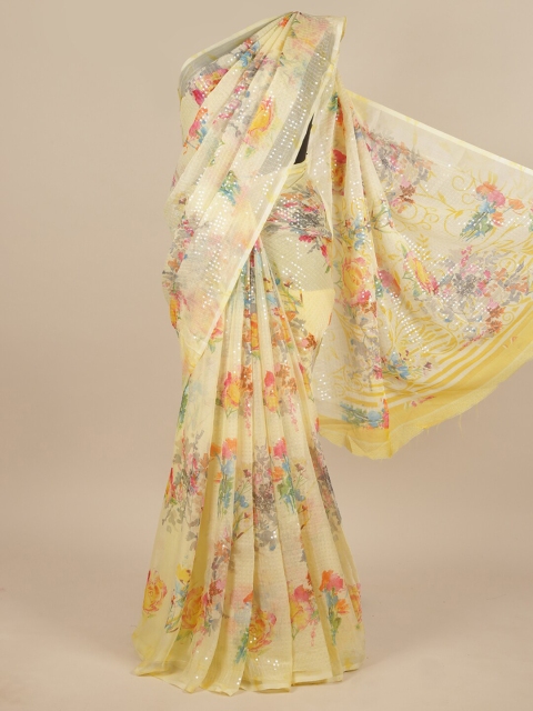 

Pothys Yellow & Green Floral Sequinned Saree