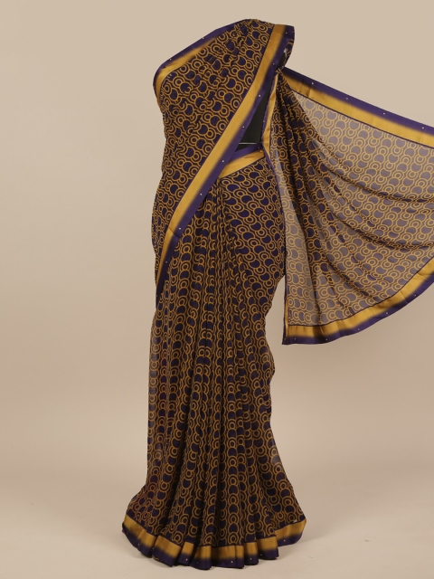 

Pothys Navy Blue & Yellow Beads and Stones Poly Chiffon Saree