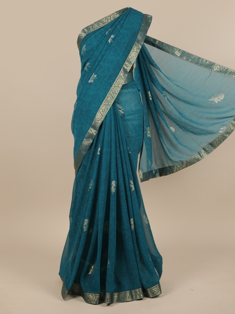 

Pothys Blue & Gold-Toned Floral Zari Saree