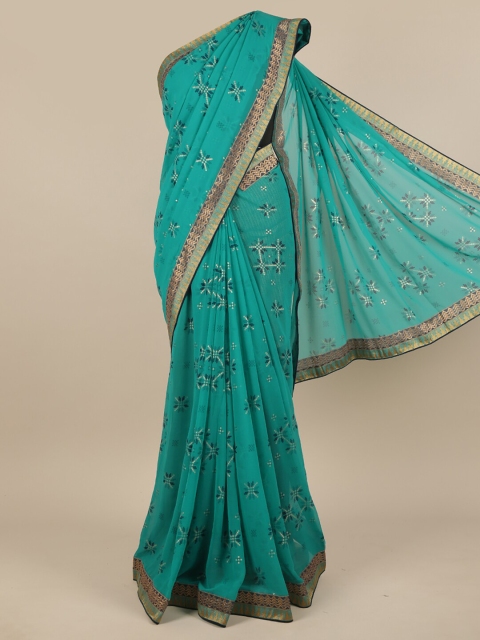 

Pothys Sea Green & Navy Blue Ethnic Motifs Zari Saree