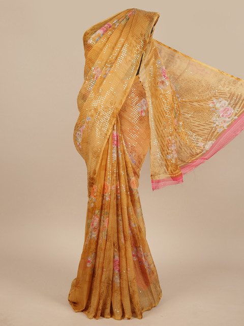

Pothys Mustard & Pink Floral Sequinned Saree