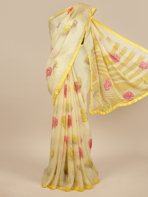 

Pothys Yellow & Pink Floral Poly Chiffon Saree