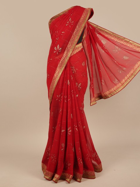 

Pothys Red & Gold-Toned Floral Zari Saree