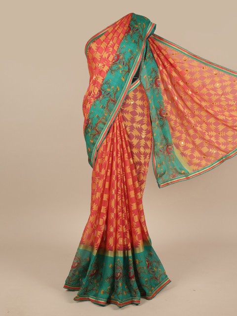

Pothys Pink & Sea Green Printed Chiffon Saree