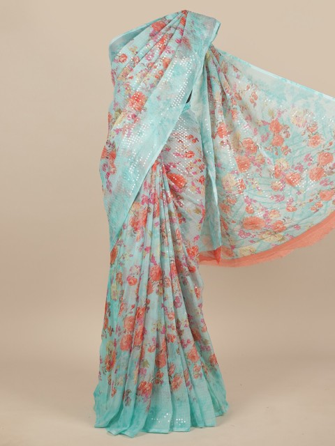 

Pothys Blue & Red Floral Sequinned Saree