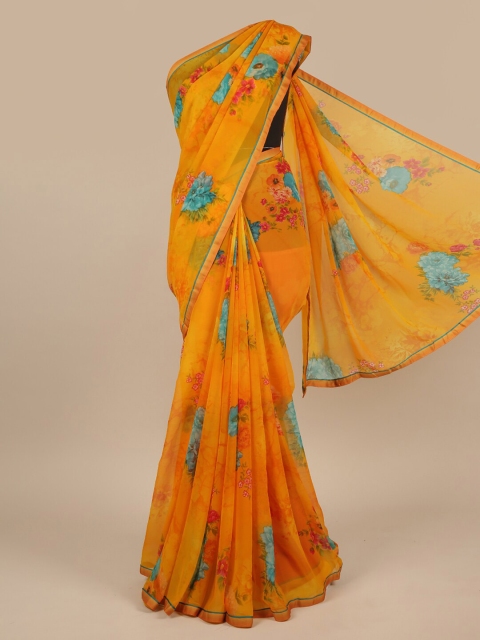 

Pothys Yellow & Turquoise Blue Floral Poly Chiffon Saree