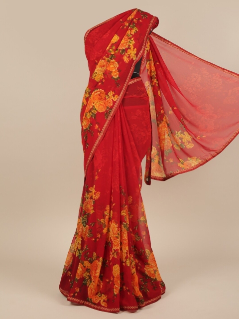 

Pothys Red & Orange Floral Poly Chiffon Saree