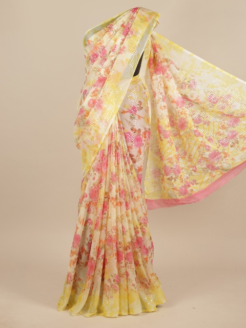 

Pothys Yellow & Pink Floral Poly Chiffon Saree