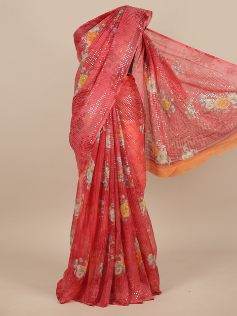 

Pothys Pink & Yellow Floral Sequined Saree