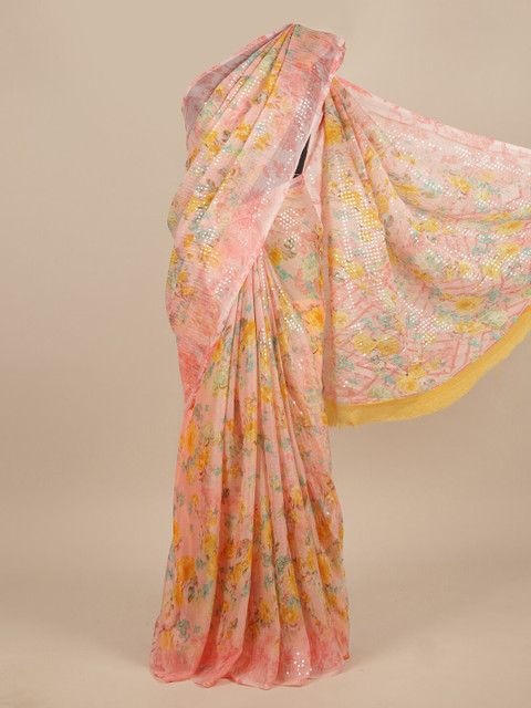 

Pothys Pink & Yellow Floral Sequinned Saree