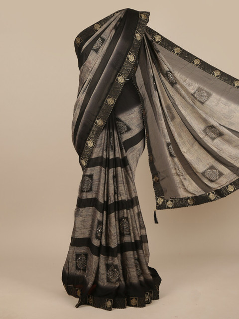 

Pothys Black & Grey Ethnic Motifs Poly Chiffon Saree