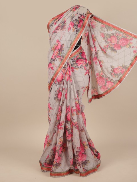 

Pothys Grey & Pink Floral Poly Chiffon Saree