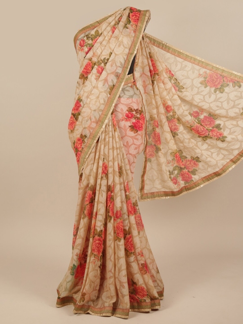 

Pothys Cream-Coloured & Red Floral Zari Saree