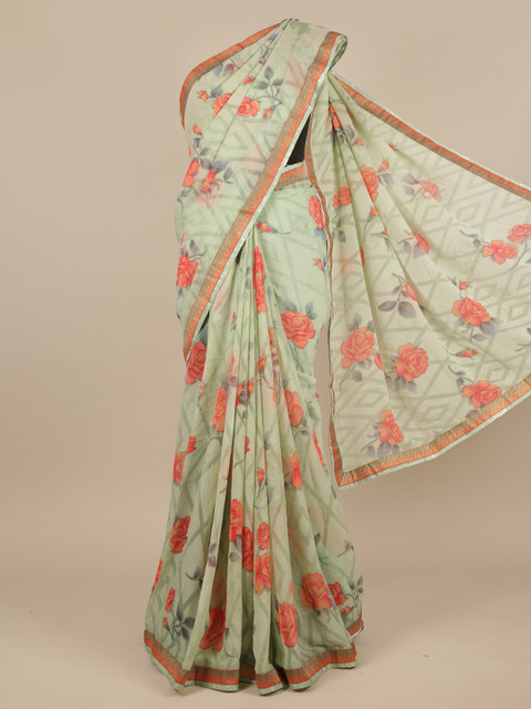 

Pothys Green & Red Floral Chiffon Saree