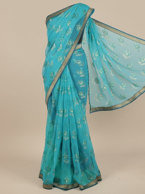 

Pothys Blue & Gold-Toned Floral Zari Saree
