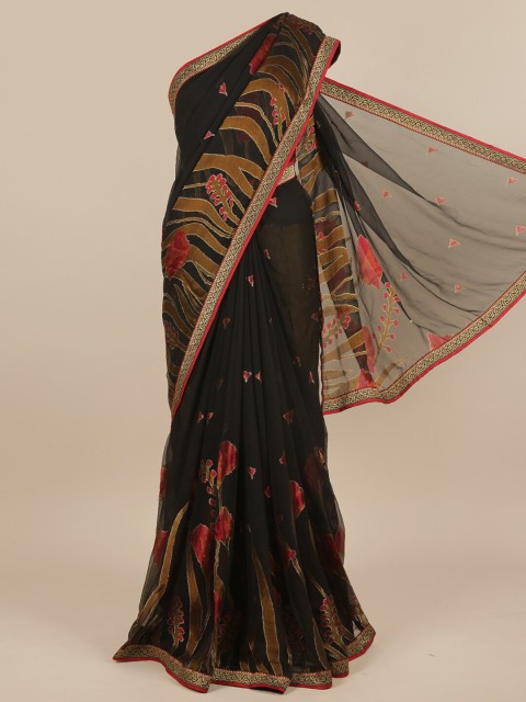 

Pothys Black & Red Floral Poly Chiffon Saree