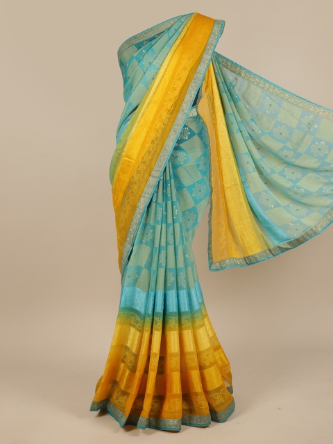 

Pothys Blue & Yellow Ethnic Motifs Mirror Work Saree