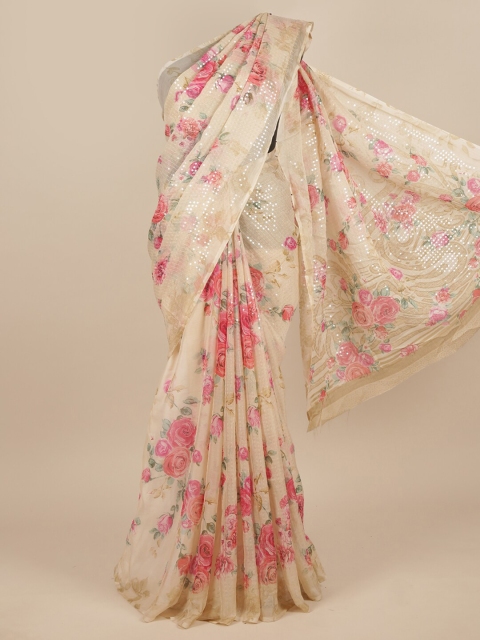 

Pothys Cream-Coloured & Pink Floral Sequinned Saree