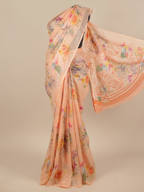 

Pothys Peach-Coloured & Yellow Floral Sequinned Saree