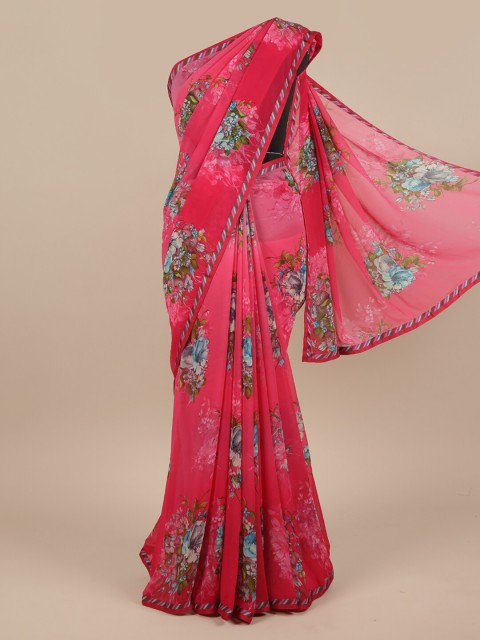 

Pothys Pink & Green Floral Poly Chiffon Saree